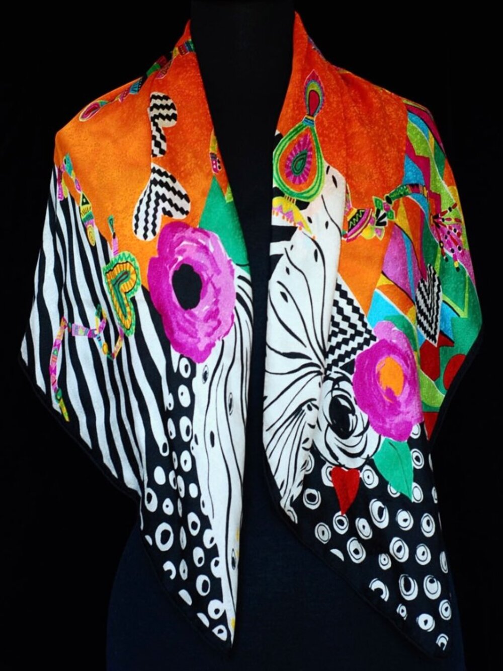 Louis Feraud 1970's Vibrant Hand Printed Silk Scarf With Hand Rolled Hem